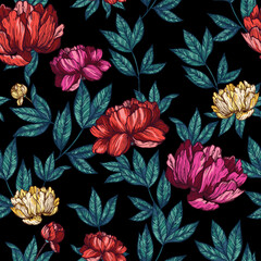 Graphic peonies and leaves seamless pattern. - 542678422