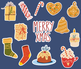 Christmas Stickers. Decorations, mittens, balloons, sweets and candles. Winter, new year, holiday.  Perfect for greeting cards, invitations, flyers. Vector  illustration.