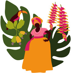 Brazilian Baiana Art transparent with large leaf, cashew fruits, a toucan, and false bird of paradise plants