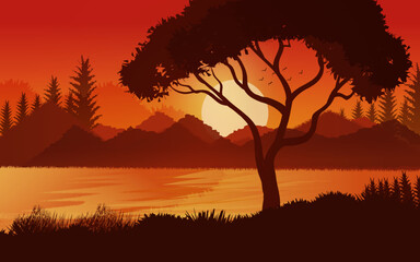 Sunset scene lake. Glowing forest sky with river and sky landscape background