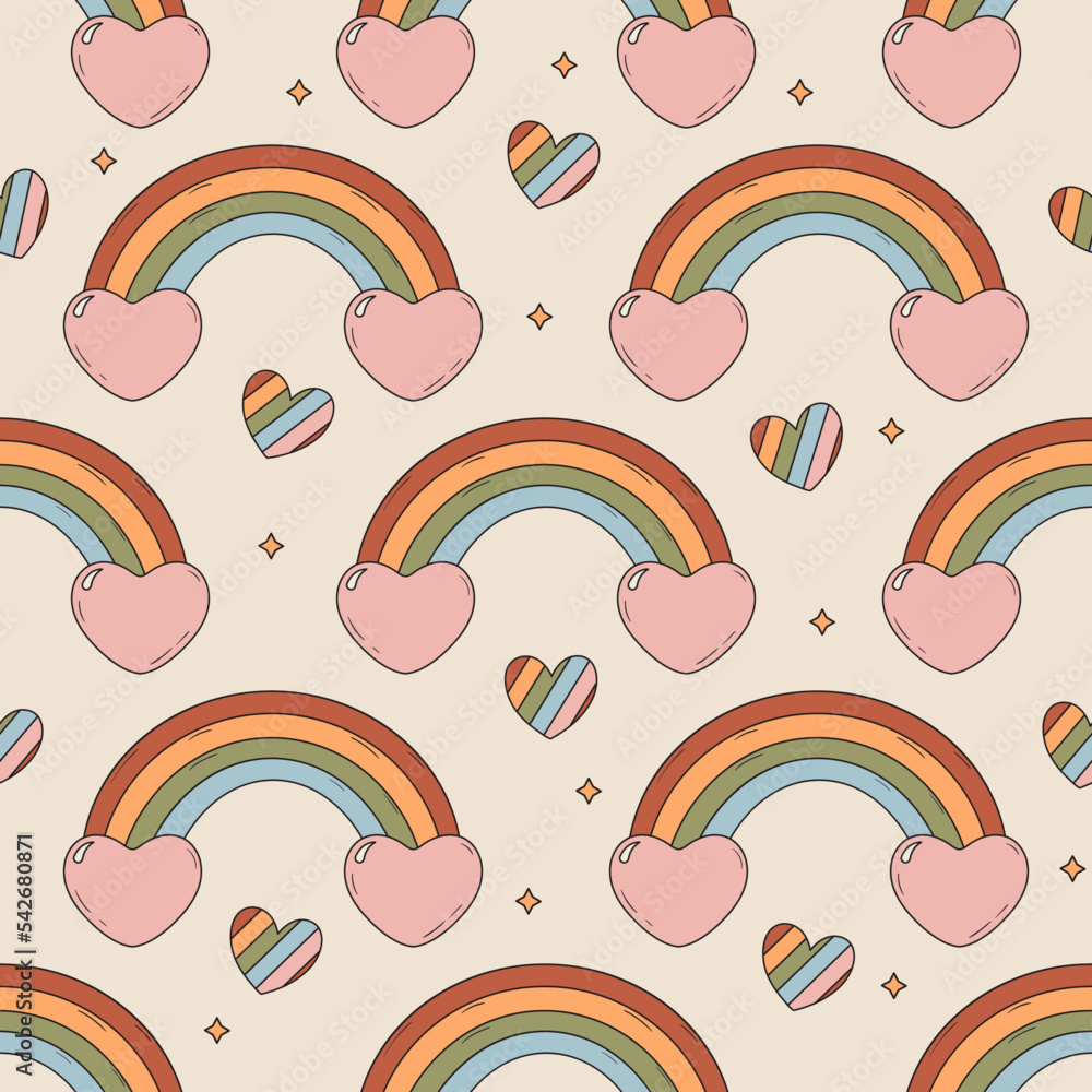 Poster seamless vector pattern with cartoon rainbow and hearts. background with 60s and 70s elements in gro