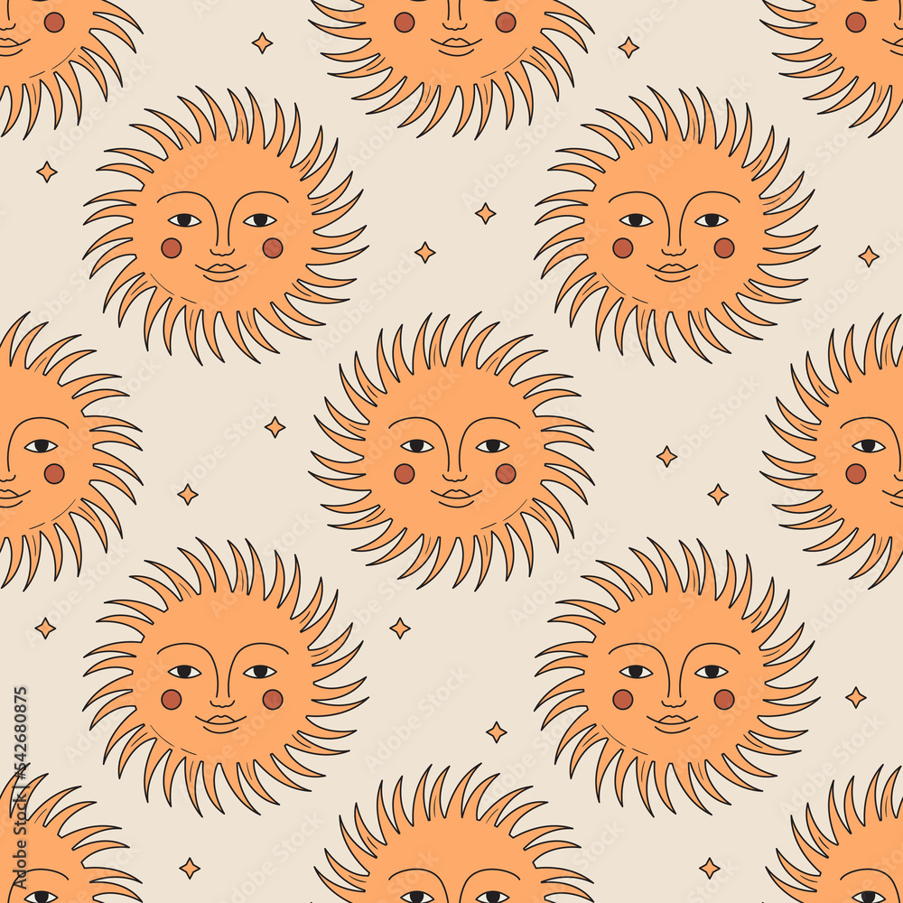 Poster seamless vector pattern with abstract bohemian sun with face. background with 70s and 80s nature ele