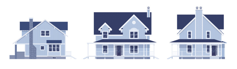 Beautiful light blue house cartoon set. Arched windows, chimneys, veranda, elegant facade, traditional warm and inviting exterior to buy, own new property, real estate. Vector flat style illustration