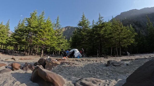 First Sunlight Over Campsite In Forest Timelapse