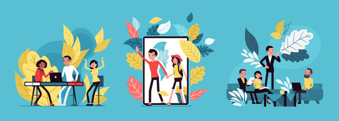Business, home, office and active lifestyle scene cartoon set. Startup group, couple walking trough screen, meeting co working center gathering. Vector creative vibrant botanical illustration