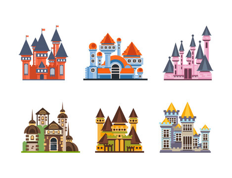 Fairy Tale Castle with Tall Towers and Stone Wall with Windows Vector Set