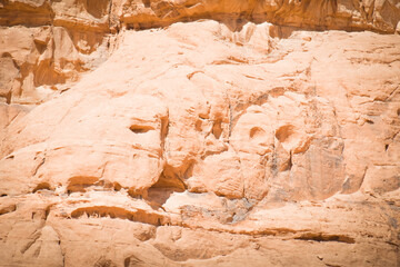 Wadi rum sandstone rock formations with natural symbolic figures on rocks alike star wars...