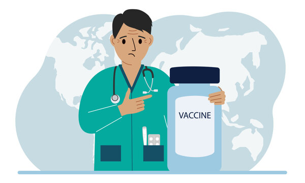 Pandemic, vaccination and health concept. Doctor with a bottle of vaccine.