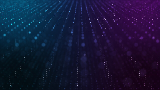 Abstract technology digital particles flow, Digital cyberspace, Technology digital connection dots 4K blue and purple background