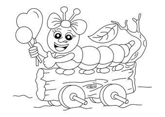 cartoon cute caterpillar with tree for coloring page