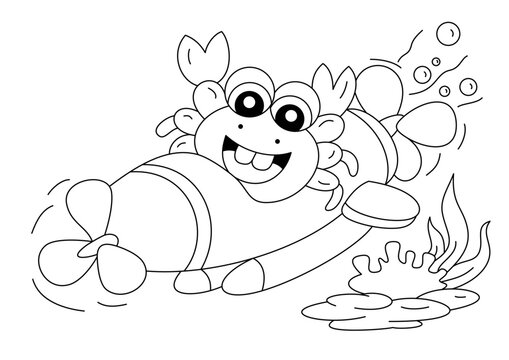 cartoon cute crab with airplane for coloring page