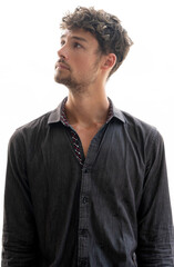 Minimalist portrait of a young curly handsome man