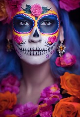 El Día de Muertos. Photorealistic illustrated portrait of beautiful latin woman with colorful make-up for Day of the Dead. Ai generated
