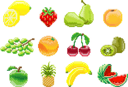 Pixel Art 8 Bit Video Game Fruit Icon Set