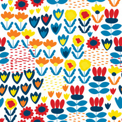 Abstract organic seamless pattern in scandinavian style, colorfu childish texture with cute flowers, vector