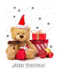 Merry Christmas! Teddy bear in a red cap and boxes with gifts on a background with stars