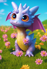 Cute baby dragon in a flower field, Close up fantasy creature, adorable big eyes dragon, Kawaii style