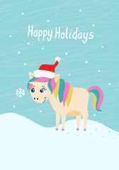 Winter greeting card with a cute little unicorn with a snowflake. Happy Holidays hand drawn lettering. Flat vector illustration.