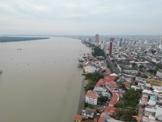 Aerial shot of Guayaquil city and river, Ecuador