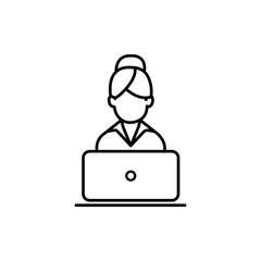Girl at the laptop black line icon. Remote work freelancer. Home leisure. Isolated vector element.