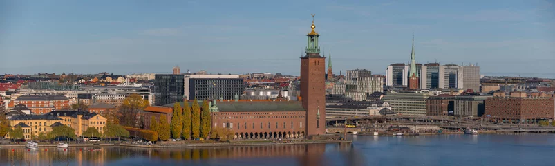Fotobehang Panorama hill view over the down town with the Town City Hall, skyscrapers and piers with boats a sunny autumn day in Stockholm © Hans Baath