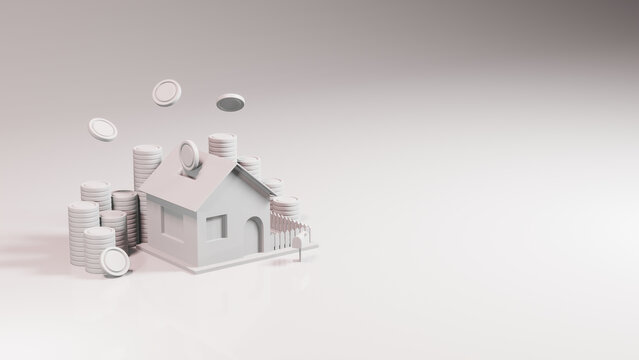 3d concept for the design of mortgage lending, renting a house, buying and selling real estate. 3d model of a country house with a fence and coins around it. Free space for text.