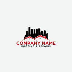 Fototapeta premium Home repair and roofing logo with city buildings and roof tops