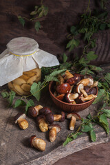 Pile of Imleria Badia or Boletus badius mushrooms commonly known as the bay bolete with canned mushroom in glass jar on vintage wooden background..