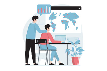 Global economic concept with people scene in flat design. Businessmen collaborating and analyzing data, investing money in international business. Vector illustration with character situation for web
