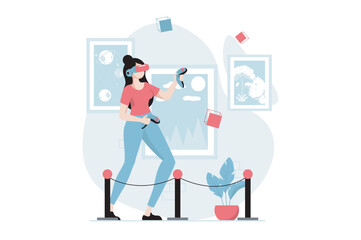 Metaverse concept with people scene in flat design. Woman wearing VR headset and holding controllers getting experience in augmented simulation. Vector illustration with character situation for web