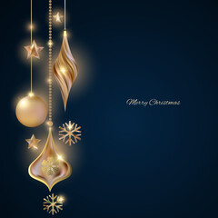 Fototapeta premium Christmas ball. New Year. Holiday. Illustration. Snowflakes. Dark background. Christmas tree. Decorations. Gold. Card. Silver. Shine.