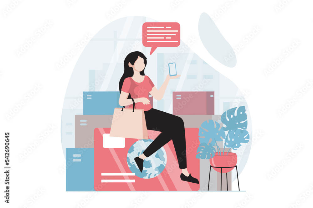 Poster mobile commerce concept with people scene in flat design. woman makes online purchases, orders goods