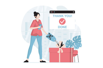 Mobile commerce concept with people scene in flat design. Woman making online purchases in application and receiving gifts and bonuses from shop. Vector illustration with character situation for web