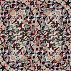 Decorative linear kaleidoscope mosaic ornament. Abstract shapes seamless pattern.