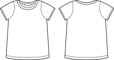 Blank t shirt technical sketch. Female T-shirt outline design template. Short sleeve tee mockup. - obrazy, fototapety, plakaty