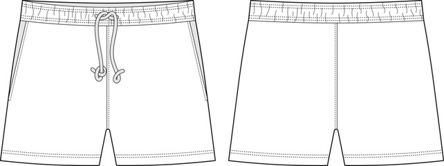 Blank shorts pants technical sketch design template. Casual shorts with pockets and lace