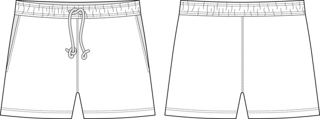 Blank shorts pants technical sketch design template. Casual shorts with pockets and lace