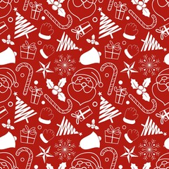 Christmas winter seamless pattern, red background. Surface design for textile, fabric, wallpaper, wrapping, giftwrap, paper, scrapbook and packaging.	
