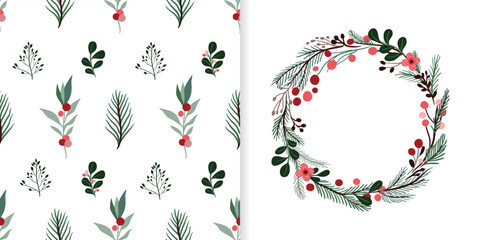 Christmas set with seamless pattern and greeting card, winter seasonal design, simple decorative wreath