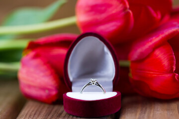 Merry proposal concept. Close-up view of engagement ring in the red gift box with maroon tulips