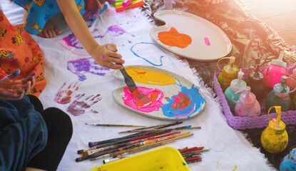Kids hand painting helping short attention span, hand painting control emotion, playing with colors and paint enjoying having fun with friends, using art as meditation for mind and mental health