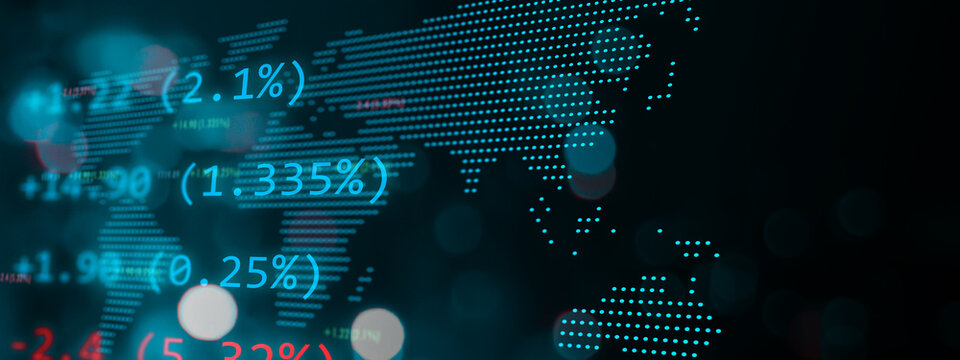 Business economy world financial stock market, foreign exchange market, money currency rate price chart up trend down trend, finance tech company capital income, double exposure banner blue background