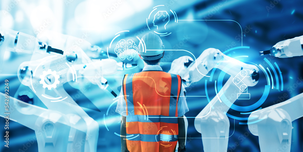 Poster engineer mechanic worker wearing safety gear operating on ai robot mechanical hand artificial intell