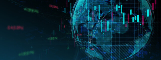 Business economy world financial stock market, foreign exchange market, money currency rate price chart up trend down trend, finance tech company capital income, double exposure banner blue background © Have a nice day 