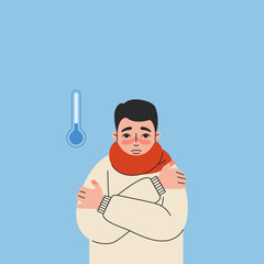 Freezing man with thermometer on blue background. Semi-flat vector illustration.