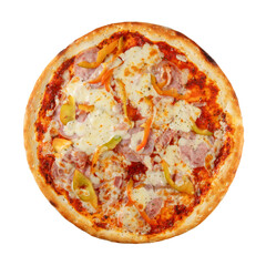 Delicious classic italian pizza with Mozzarella, ham, pepperoni and paprika.