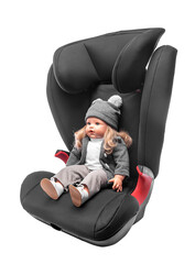 The doll sits in a child car seat. Isolated on white background.