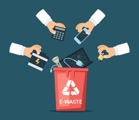 E-waste trash bin with hands holding trash. Cartoon style vector illustration