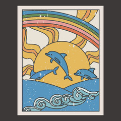 70s groovy poster, retro print with hippie elements. Cartoon psychedelic landscape. vintage funky print vector set	