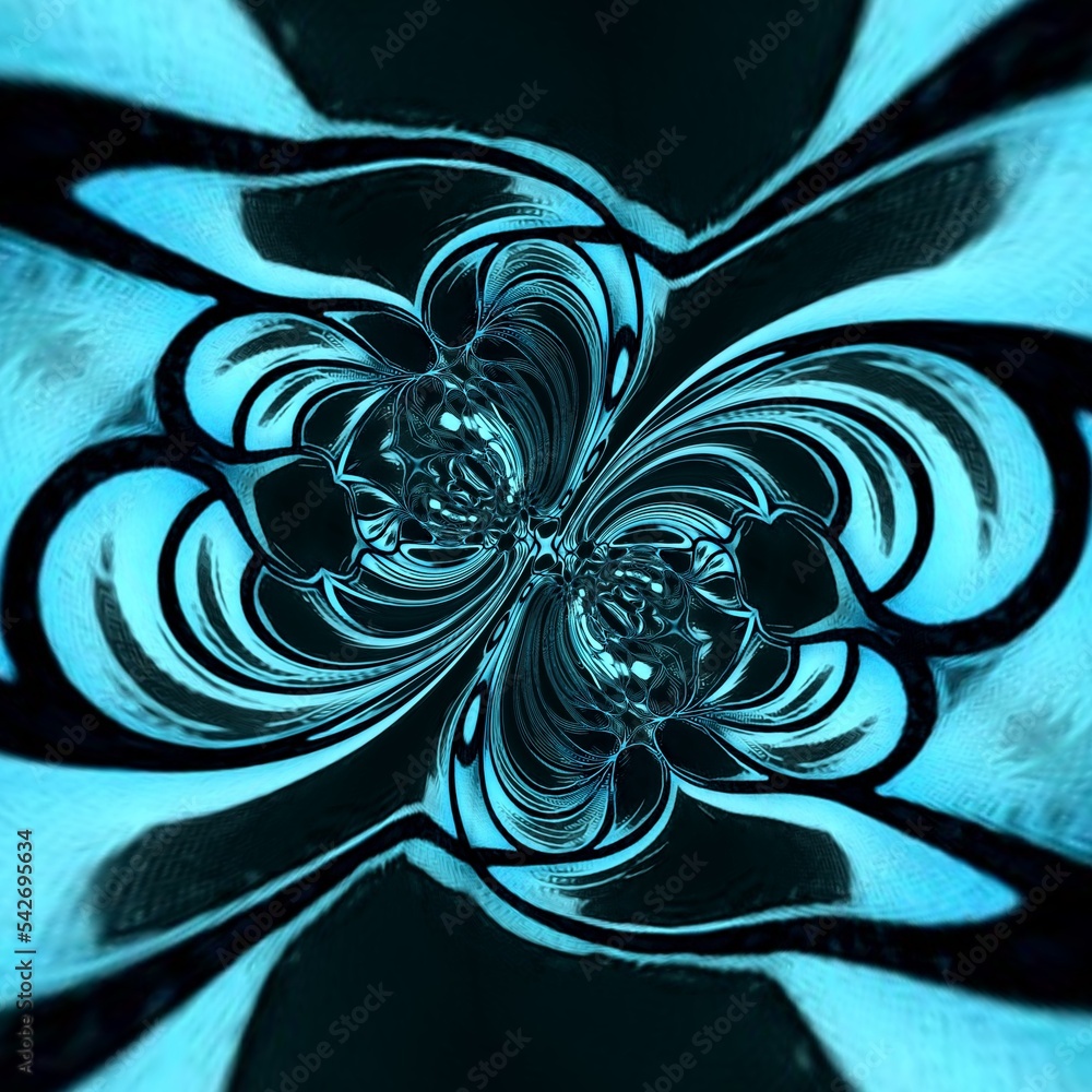 Poster kaleidoscopic cyclone pattern and design in a range of turquoise and light bright blue